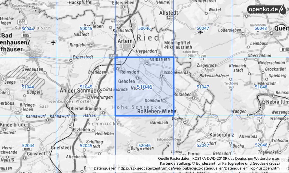 Übersichtskarte KOSTRA-DWD-2010R Rasterfeld Nr. 51046 mit angrenzenden Feldern