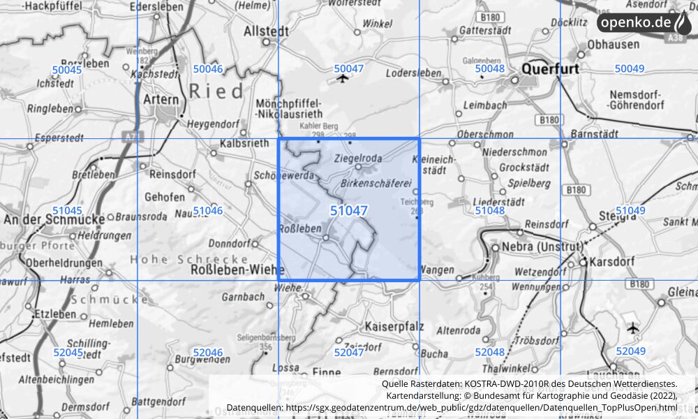 Übersichtskarte KOSTRA-DWD-2010R Rasterfeld Nr. 51047 mit angrenzenden Feldern