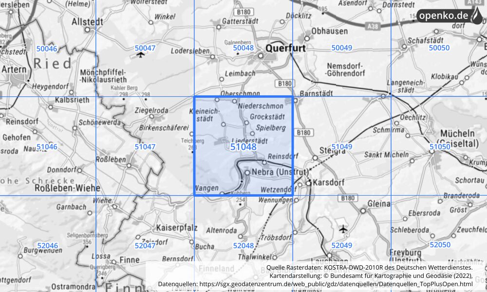 Übersichtskarte KOSTRA-DWD-2010R Rasterfeld Nr. 51048 mit angrenzenden Feldern