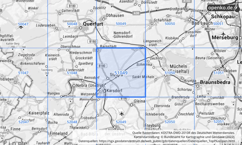 Übersichtskarte KOSTRA-DWD-2010R Rasterfeld Nr. 51049 mit angrenzenden Feldern