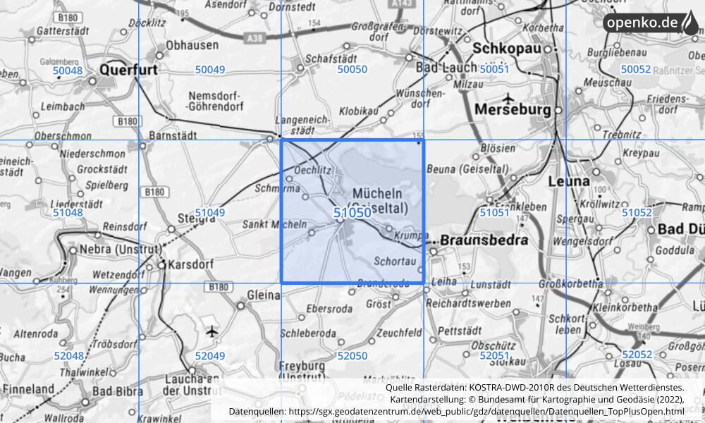 Übersichtskarte KOSTRA-DWD-2010R Rasterfeld Nr. 51050 mit angrenzenden Feldern