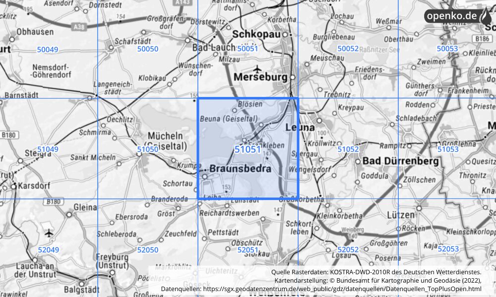 Übersichtskarte KOSTRA-DWD-2010R Rasterfeld Nr. 51051 mit angrenzenden Feldern