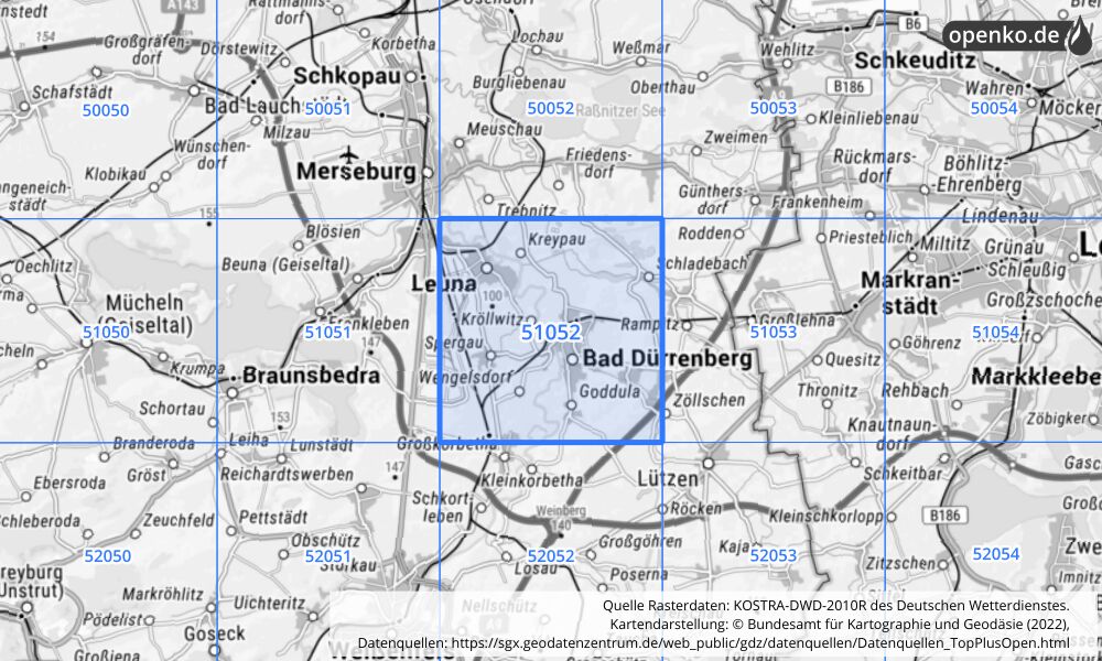 Übersichtskarte KOSTRA-DWD-2010R Rasterfeld Nr. 51052 mit angrenzenden Feldern