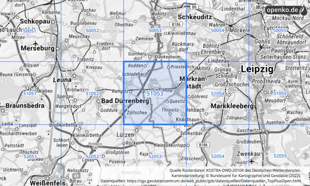 Übersichtskarte KOSTRA-DWD-2010R Rasterfeld Nr. 51053 mit angrenzenden Feldern