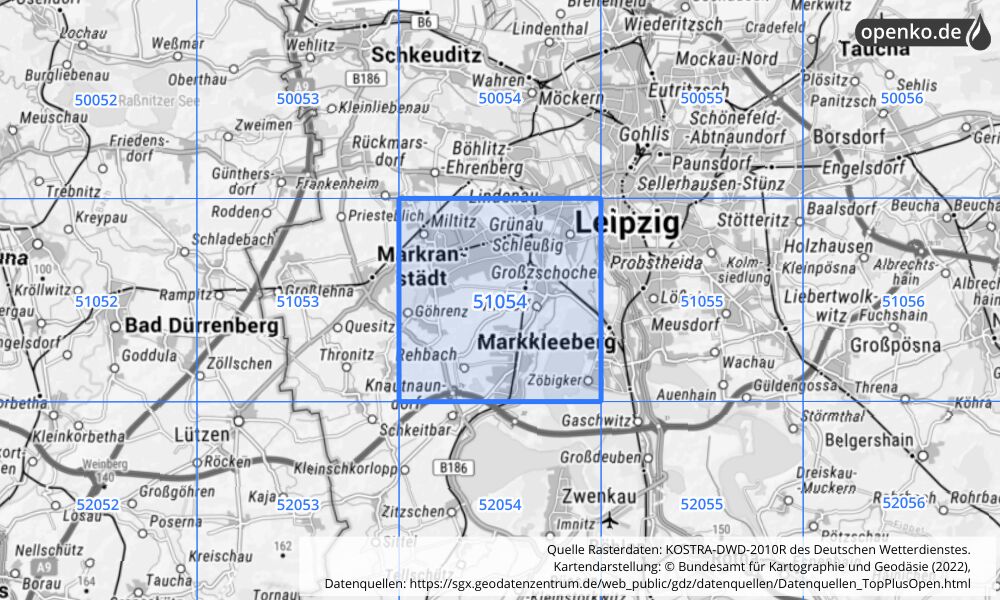 Übersichtskarte KOSTRA-DWD-2010R Rasterfeld Nr. 51054 mit angrenzenden Feldern