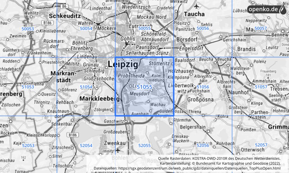 Übersichtskarte KOSTRA-DWD-2010R Rasterfeld Nr. 51055 mit angrenzenden Feldern