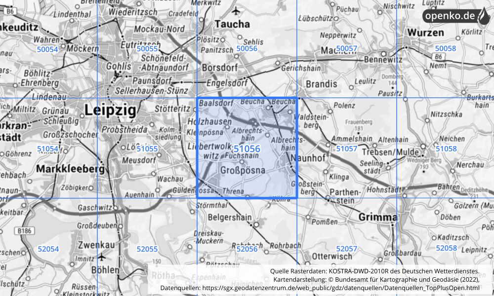 Übersichtskarte KOSTRA-DWD-2010R Rasterfeld Nr. 51056 mit angrenzenden Feldern