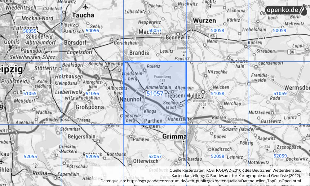 Übersichtskarte KOSTRA-DWD-2010R Rasterfeld Nr. 51057 mit angrenzenden Feldern