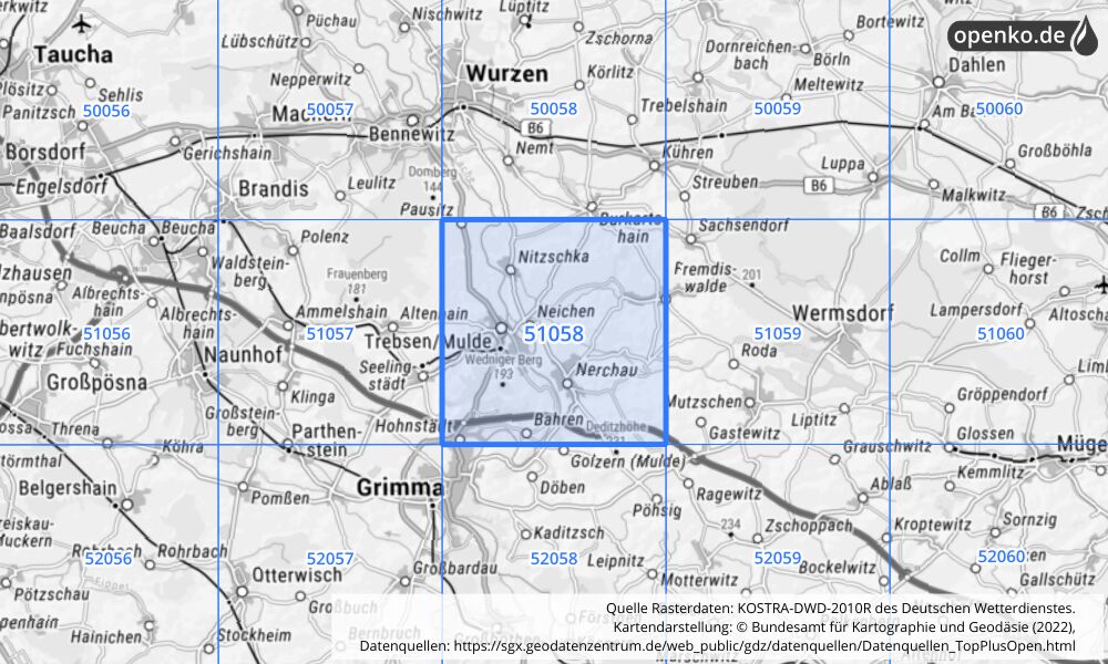 Übersichtskarte KOSTRA-DWD-2010R Rasterfeld Nr. 51058 mit angrenzenden Feldern