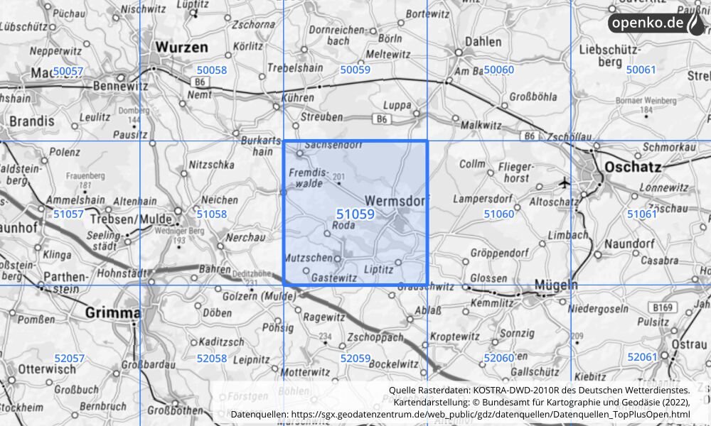 Übersichtskarte KOSTRA-DWD-2010R Rasterfeld Nr. 51059 mit angrenzenden Feldern