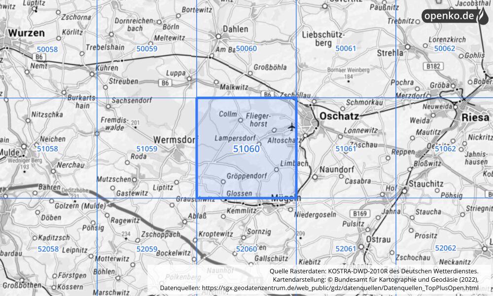 Übersichtskarte KOSTRA-DWD-2010R Rasterfeld Nr. 51060 mit angrenzenden Feldern