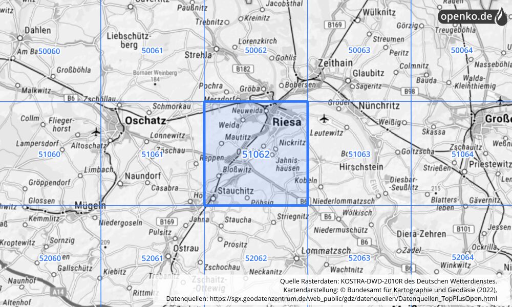 Übersichtskarte KOSTRA-DWD-2010R Rasterfeld Nr. 51062 mit angrenzenden Feldern