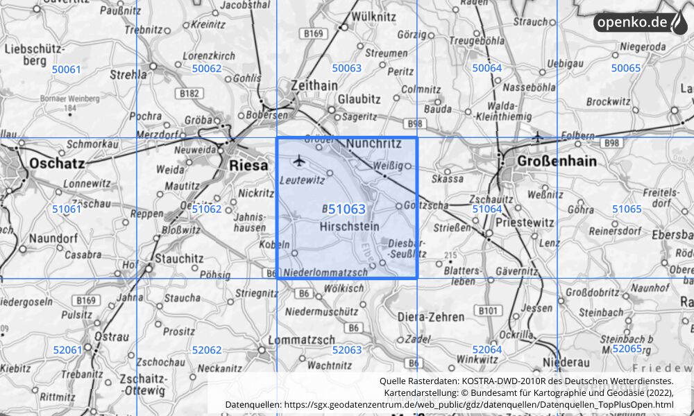 Übersichtskarte KOSTRA-DWD-2010R Rasterfeld Nr. 51063 mit angrenzenden Feldern