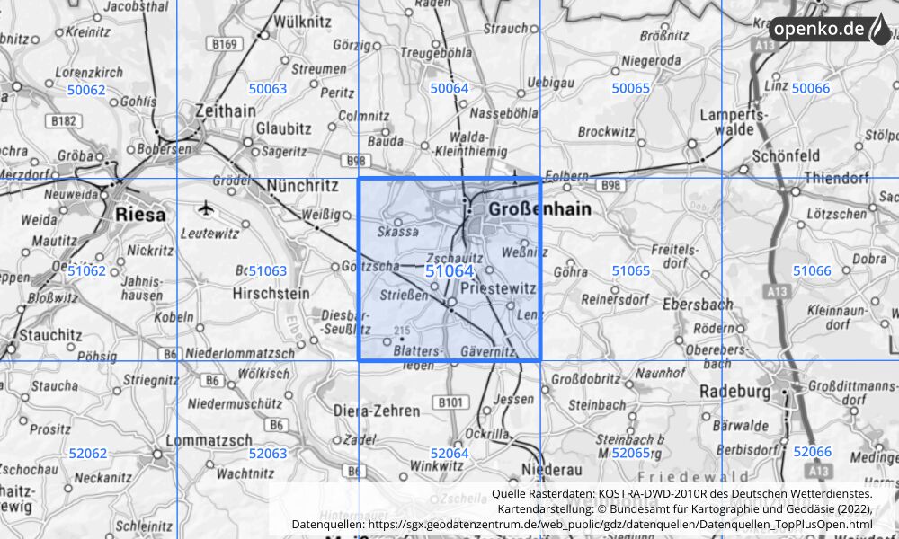 Übersichtskarte KOSTRA-DWD-2010R Rasterfeld Nr. 51064 mit angrenzenden Feldern