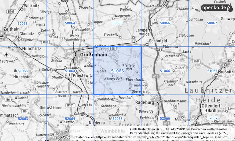 Übersichtskarte KOSTRA-DWD-2010R Rasterfeld Nr. 51065 mit angrenzenden Feldern