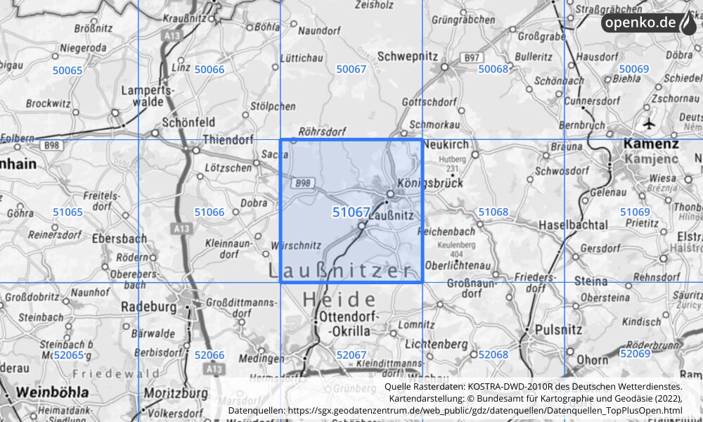 Übersichtskarte KOSTRA-DWD-2010R Rasterfeld Nr. 51067 mit angrenzenden Feldern