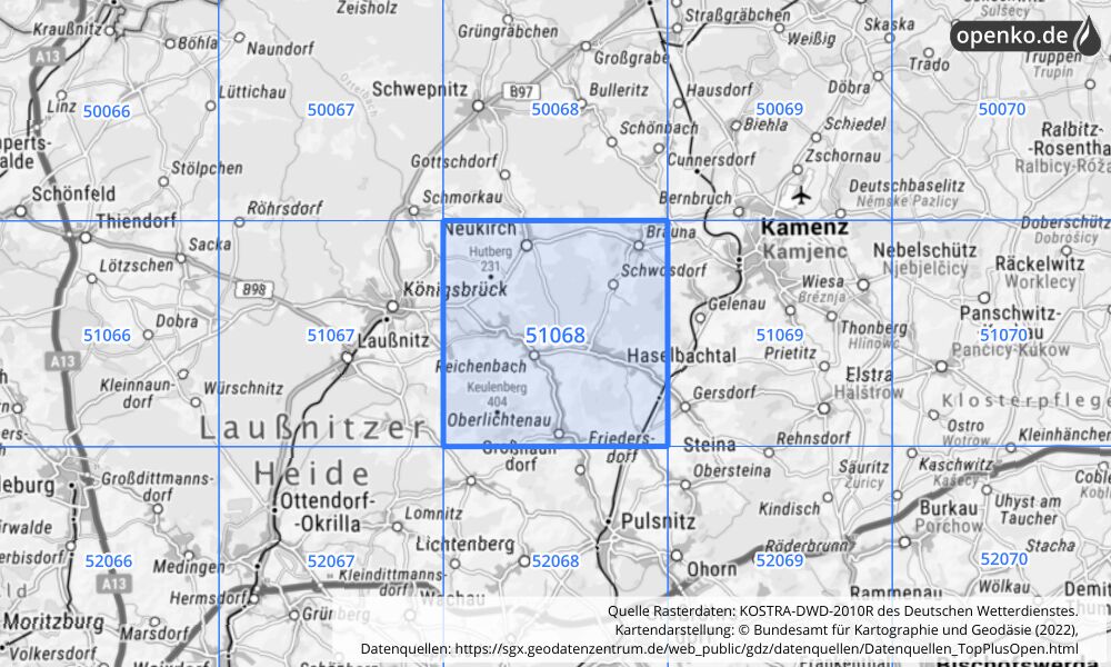 Übersichtskarte KOSTRA-DWD-2010R Rasterfeld Nr. 51068 mit angrenzenden Feldern