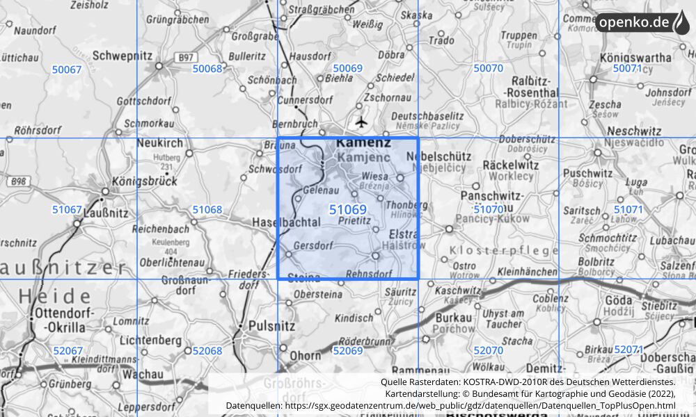 Übersichtskarte KOSTRA-DWD-2010R Rasterfeld Nr. 51069 mit angrenzenden Feldern