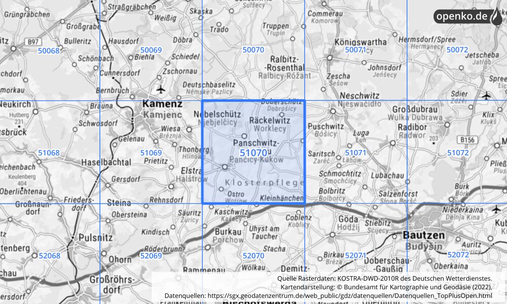 Übersichtskarte KOSTRA-DWD-2010R Rasterfeld Nr. 51070 mit angrenzenden Feldern