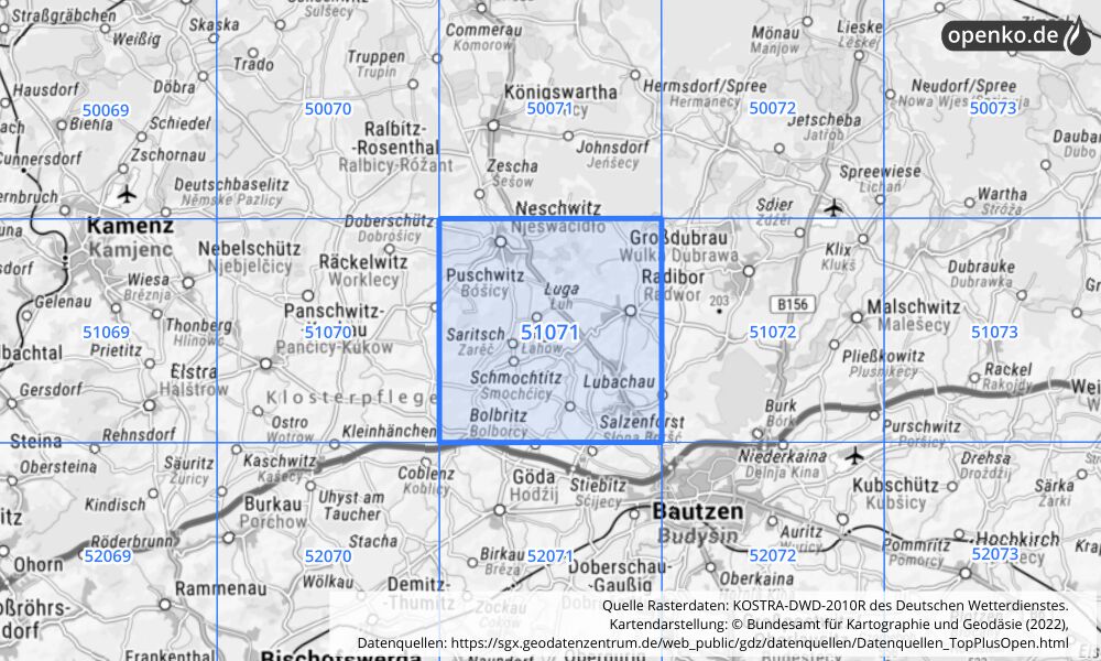 Übersichtskarte KOSTRA-DWD-2010R Rasterfeld Nr. 51071 mit angrenzenden Feldern