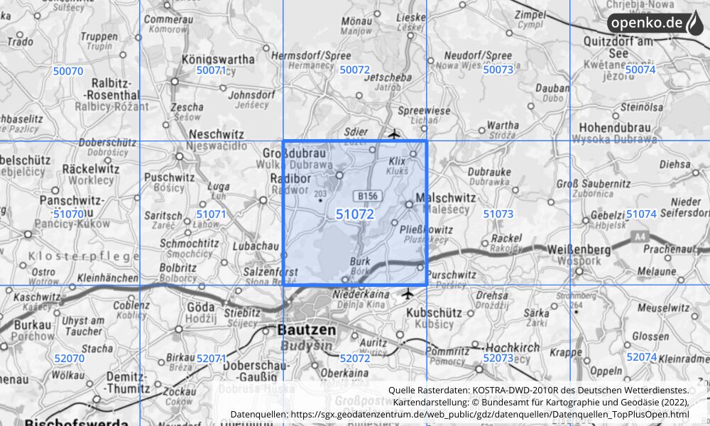 Übersichtskarte KOSTRA-DWD-2010R Rasterfeld Nr. 51072 mit angrenzenden Feldern