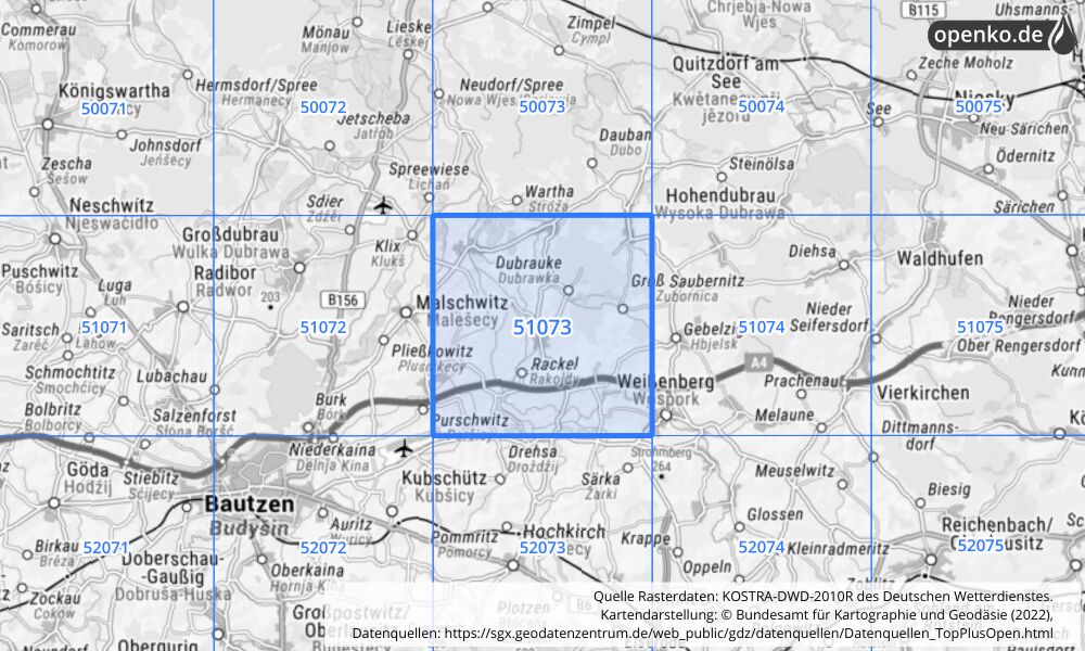 Übersichtskarte KOSTRA-DWD-2010R Rasterfeld Nr. 51073 mit angrenzenden Feldern