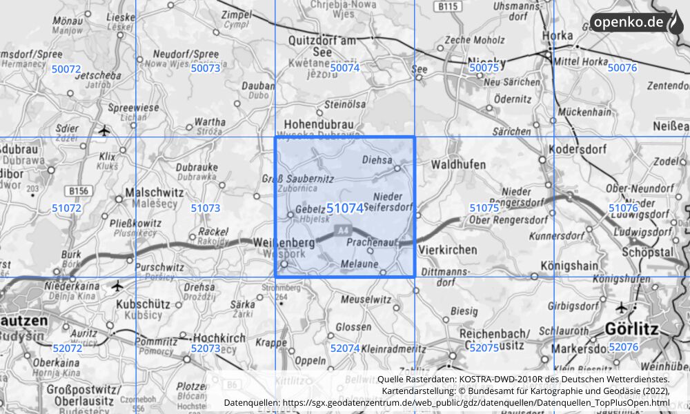 Übersichtskarte KOSTRA-DWD-2010R Rasterfeld Nr. 51074 mit angrenzenden Feldern