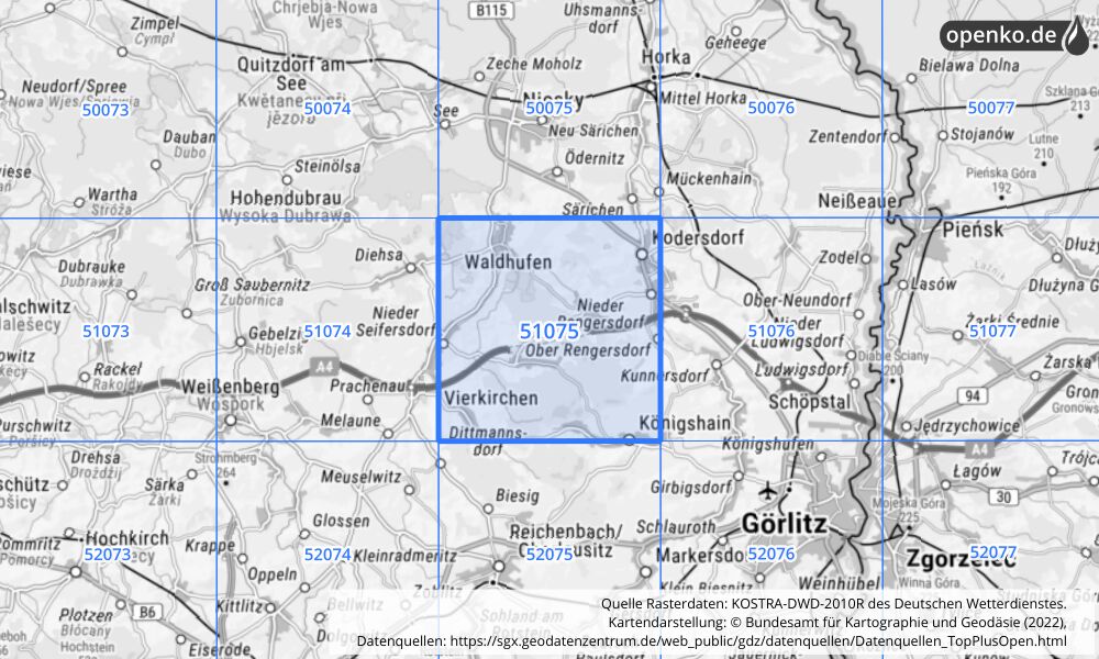 Übersichtskarte KOSTRA-DWD-2010R Rasterfeld Nr. 51075 mit angrenzenden Feldern