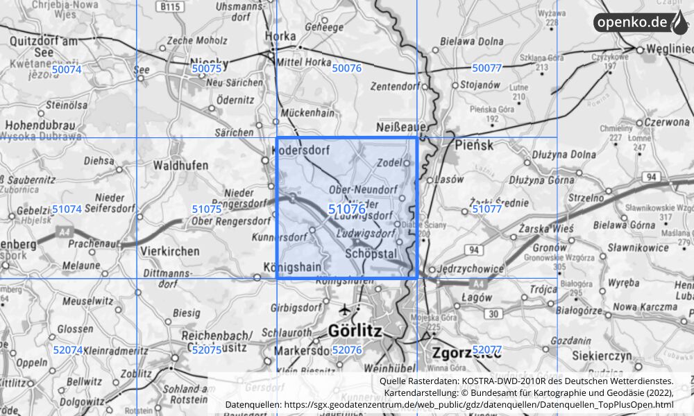 Übersichtskarte KOSTRA-DWD-2010R Rasterfeld Nr. 51076 mit angrenzenden Feldern