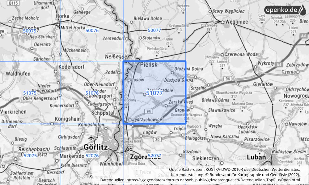 Übersichtskarte KOSTRA-DWD-2010R Rasterfeld Nr. 51077 mit angrenzenden Feldern