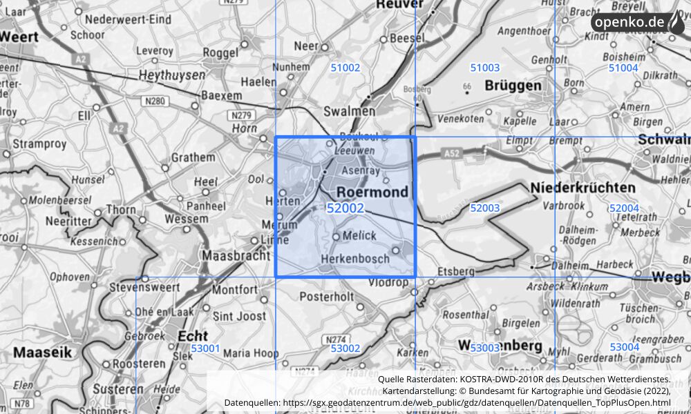 Übersichtskarte KOSTRA-DWD-2010R Rasterfeld Nr. 52002 mit angrenzenden Feldern