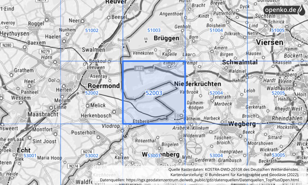 Übersichtskarte KOSTRA-DWD-2010R Rasterfeld Nr. 52003 mit angrenzenden Feldern