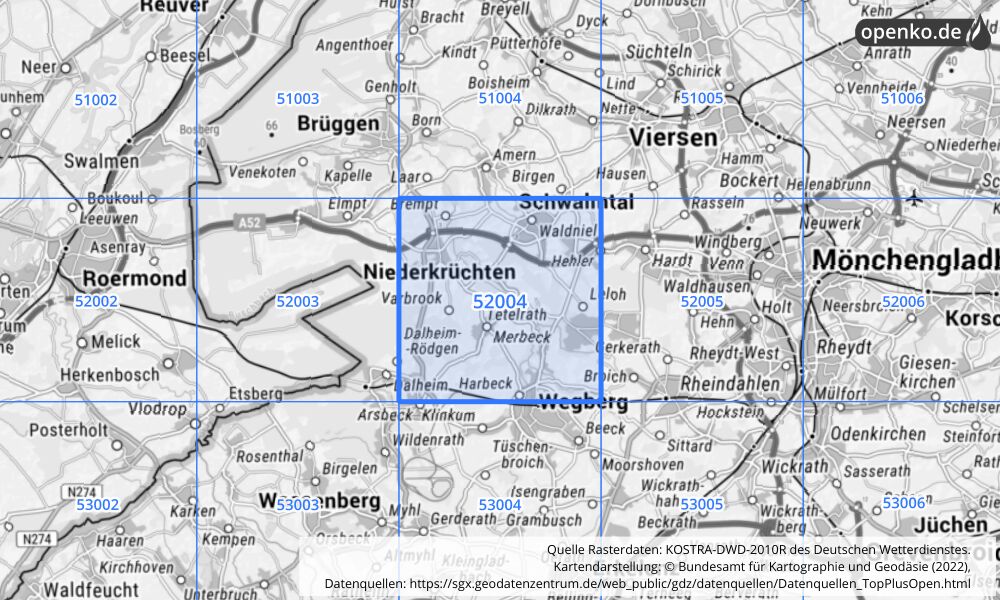 Übersichtskarte KOSTRA-DWD-2010R Rasterfeld Nr. 52004 mit angrenzenden Feldern