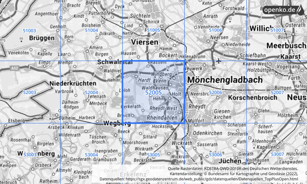 Übersichtskarte KOSTRA-DWD-2010R Rasterfeld Nr. 52005 mit angrenzenden Feldern