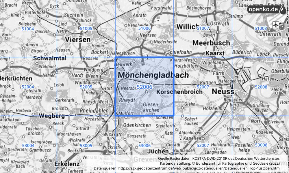 Übersichtskarte KOSTRA-DWD-2010R Rasterfeld Nr. 52006 mit angrenzenden Feldern