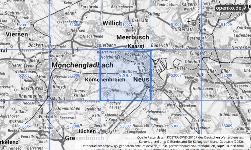 Übersichtskarte KOSTRA-DWD-2010R Rasterfeld Nr. 52007 mit angrenzenden Feldern