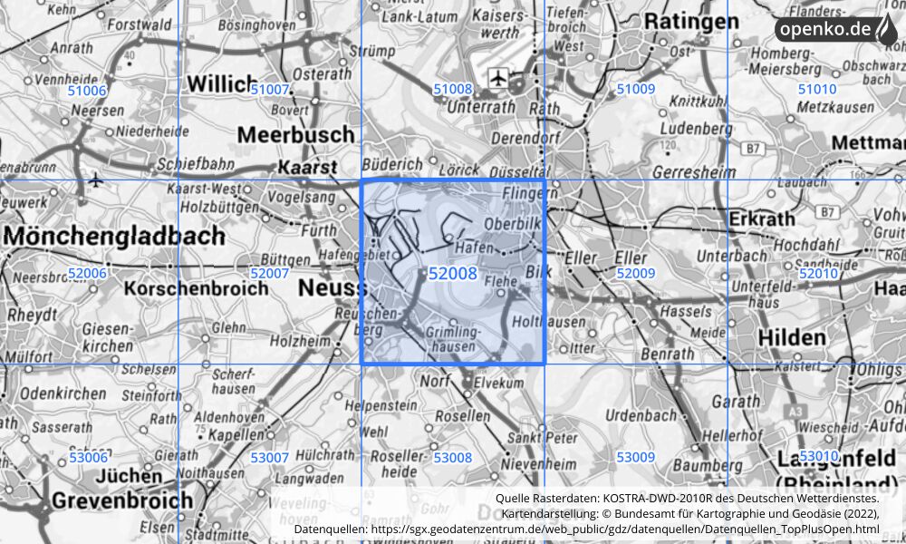 Übersichtskarte KOSTRA-DWD-2010R Rasterfeld Nr. 52008 mit angrenzenden Feldern