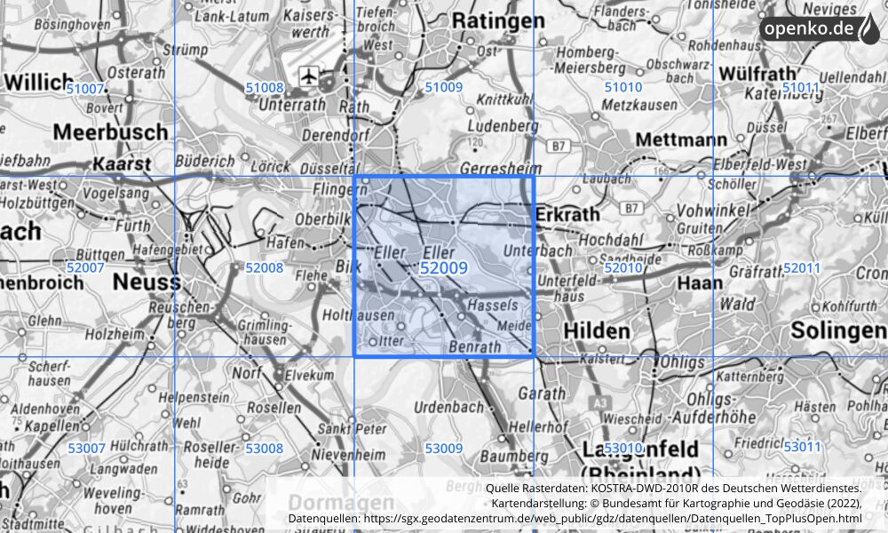 Übersichtskarte KOSTRA-DWD-2010R Rasterfeld Nr. 52009 mit angrenzenden Feldern