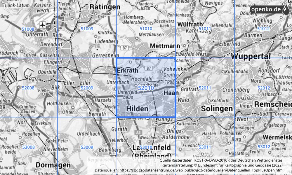 Übersichtskarte KOSTRA-DWD-2010R Rasterfeld Nr. 52010 mit angrenzenden Feldern