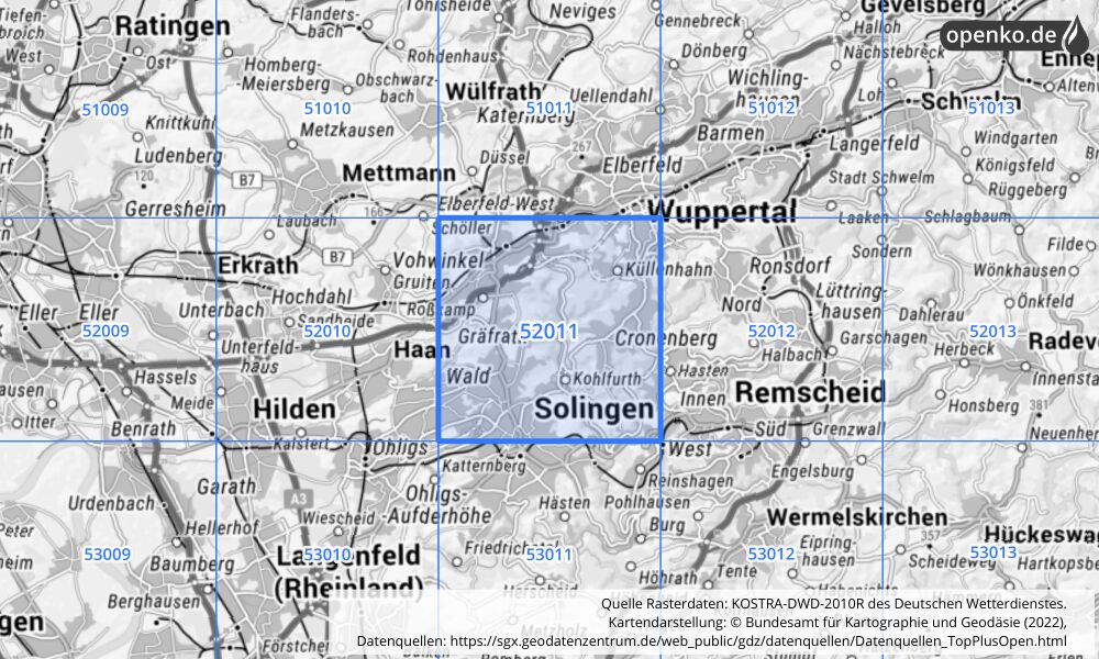 Übersichtskarte KOSTRA-DWD-2010R Rasterfeld Nr. 52011 mit angrenzenden Feldern