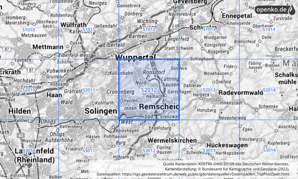 Übersichtskarte KOSTRA-DWD-2010R Rasterfeld Nr. 52012 mit angrenzenden Feldern