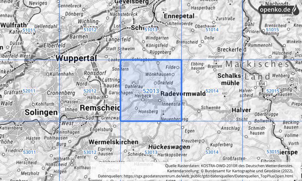 Übersichtskarte KOSTRA-DWD-2010R Rasterfeld Nr. 52013 mit angrenzenden Feldern