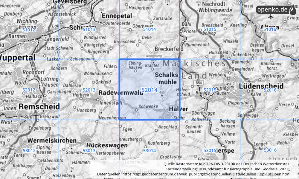 Übersichtskarte KOSTRA-DWD-2010R Rasterfeld Nr. 52014 mit angrenzenden Feldern