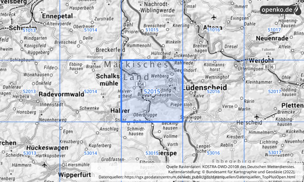 Übersichtskarte KOSTRA-DWD-2010R Rasterfeld Nr. 52015 mit angrenzenden Feldern