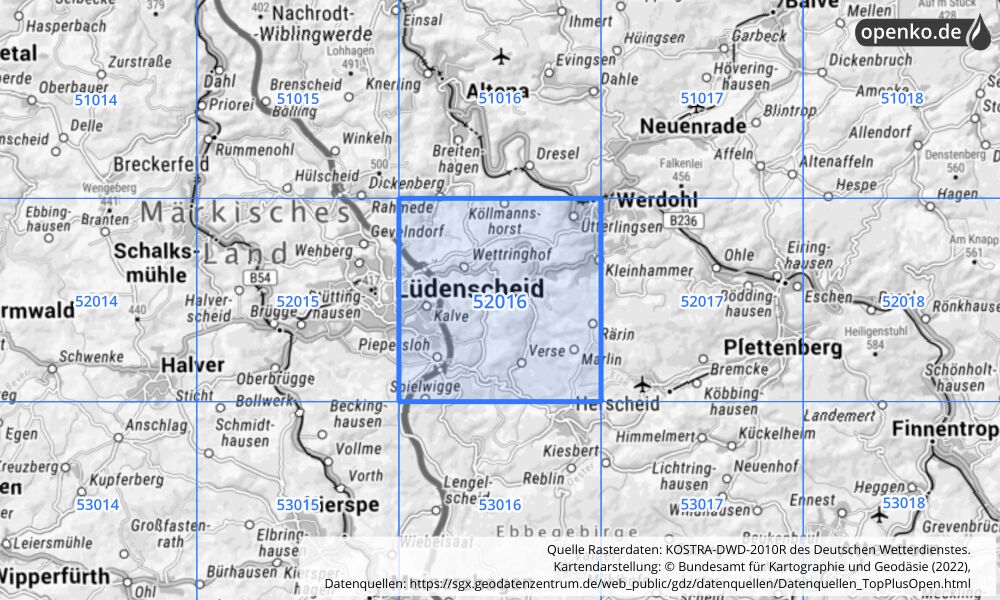 Übersichtskarte KOSTRA-DWD-2010R Rasterfeld Nr. 52016 mit angrenzenden Feldern