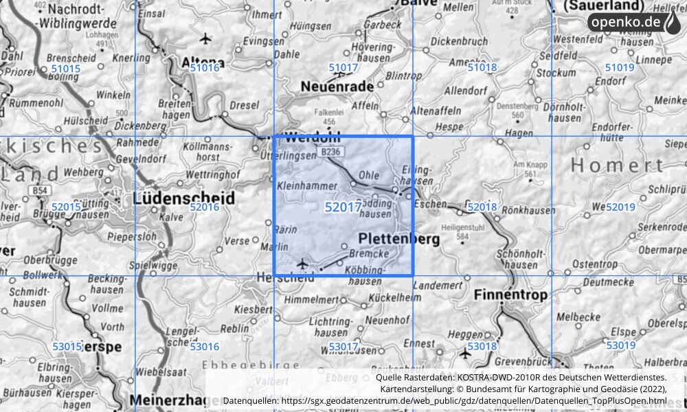 Übersichtskarte KOSTRA-DWD-2010R Rasterfeld Nr. 52017 mit angrenzenden Feldern