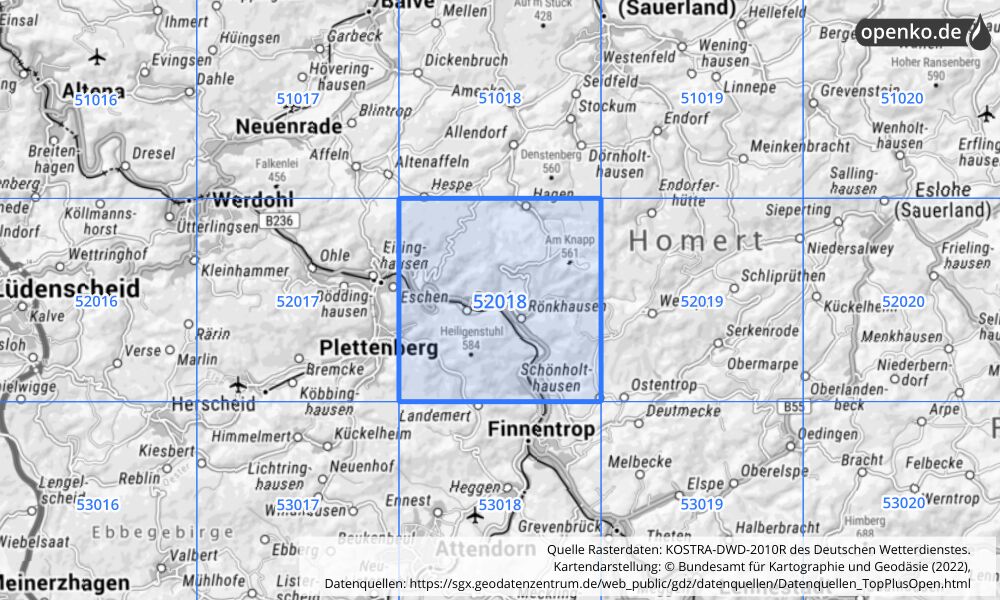 Übersichtskarte KOSTRA-DWD-2010R Rasterfeld Nr. 52018 mit angrenzenden Feldern