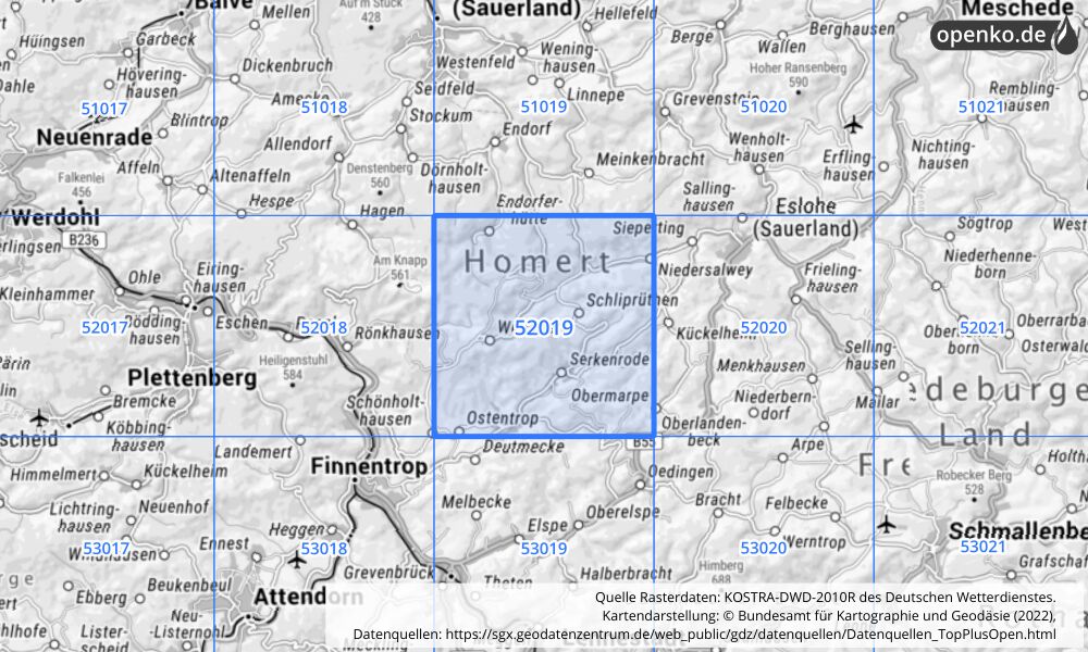 Übersichtskarte KOSTRA-DWD-2010R Rasterfeld Nr. 52019 mit angrenzenden Feldern