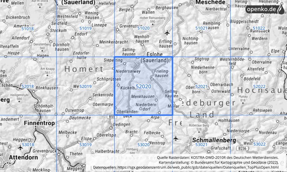 Übersichtskarte KOSTRA-DWD-2010R Rasterfeld Nr. 52020 mit angrenzenden Feldern