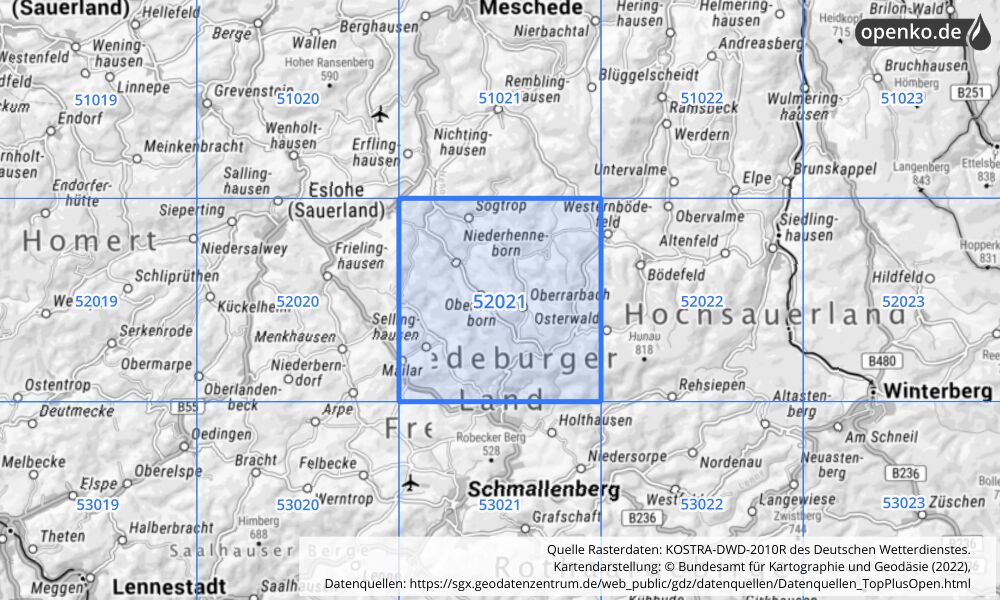 Übersichtskarte KOSTRA-DWD-2010R Rasterfeld Nr. 52021 mit angrenzenden Feldern